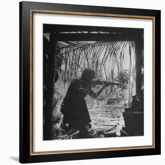 Marine in Action During Fight to Take Bougainville in Solomon Islands During WWII-William C^ Shrout-Framed Photographic Print