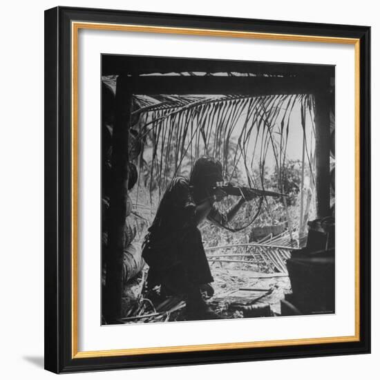 Marine in Action During Fight to Take Bougainville in Solomon Islands During WWII-William C^ Shrout-Framed Photographic Print