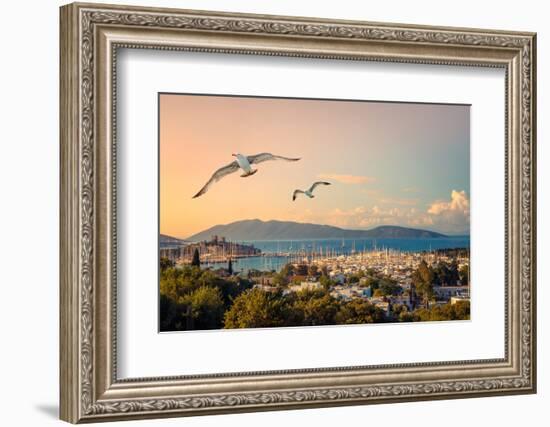 Marine Landscape with Yachts in a Bodrum Harbor. Seaside View with Medieval Castle of St. Peter at-Repina Valeriya-Framed Photographic Print