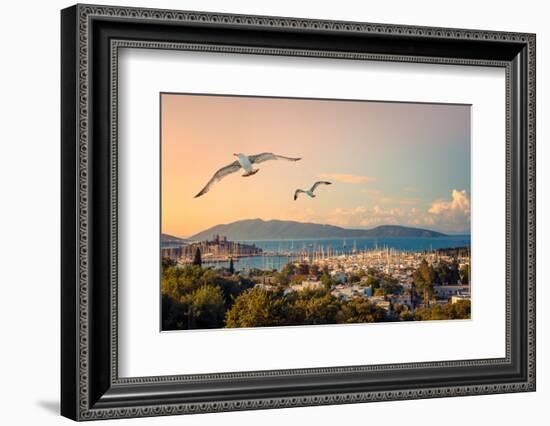 Marine Landscape with Yachts in a Bodrum Harbor. Seaside View with Medieval Castle of St. Peter at-Repina Valeriya-Framed Photographic Print
