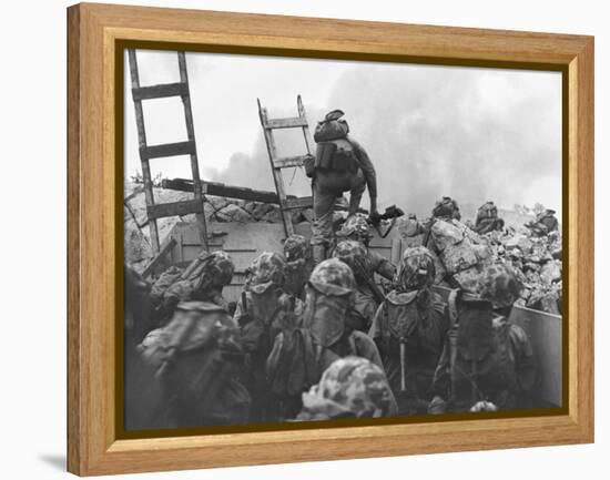 Marine Lt. Baldomero Lopez Scaling a Seawall after Landing on Red Beach in the Invasion of Inchon-null-Framed Stretched Canvas