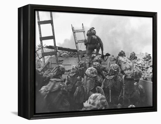 Marine Lt. Baldomero Lopez Scaling a Seawall after Landing on Red Beach in the Invasion of Inchon-null-Framed Stretched Canvas