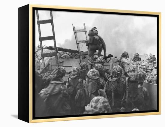 Marine Lt. Baldomero Lopez Scaling a Seawall after Landing on Red Beach in the Invasion of Inchon-null-Framed Stretched Canvas