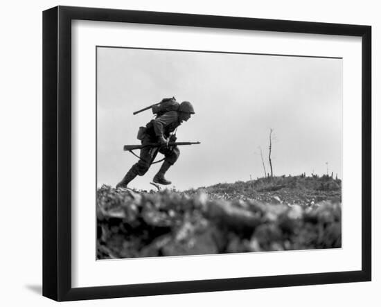 Marine Pfc. Paul E. Ison Runs Through Japanese Machine Gun Fire on Okinawa--Framed Photo