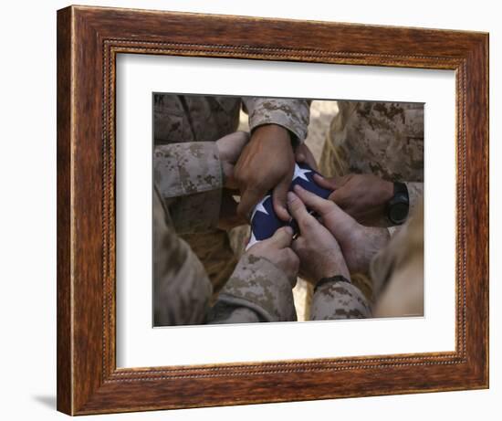 Marines Fold an American Flag after It was Raised in Memory of a Fallen Soldier-Stocktrek Images-Framed Photographic Print