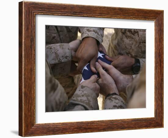 Marines Fold an American Flag after It was Raised in Memory of a Fallen Soldier-Stocktrek Images-Framed Photographic Print