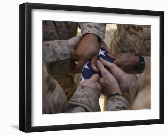 Marines Fold an American Flag after It was Raised in Memory of a Fallen Soldier-Stocktrek Images-Framed Photographic Print