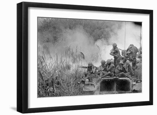 Marines Riding Atop an M-48 Tank as 90mm Gun Fires, Vietnam, April 1968-null-Framed Photo