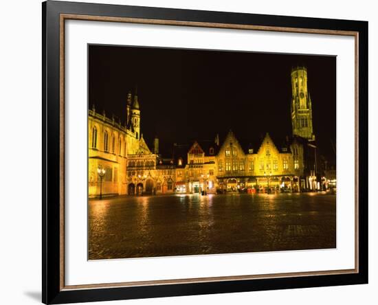 Market Square Lit Up at Night, Belfry of Bruges, Bruges, Belgium-null-Framed Photographic Print