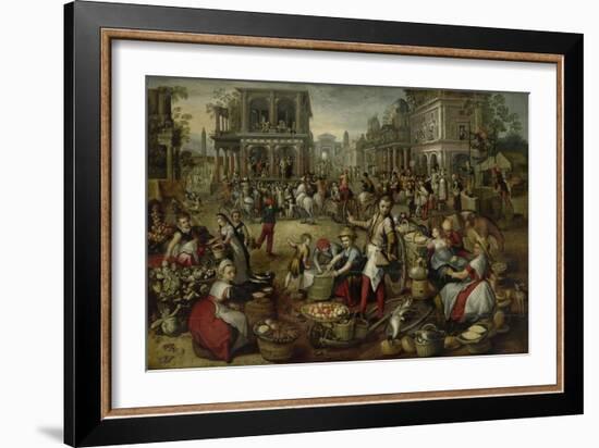 Marketplace, with the Flagellation, the Ecce Homo and the Bearing of the Cross-Joachim Bueckelaer-Framed Art Print