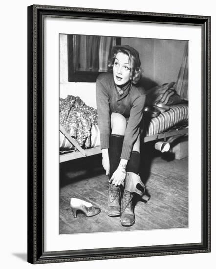 Marlene Dietrich, Preparing to Perform Onstage During USO Show for US Army-George Silk-Framed Premium Photographic Print