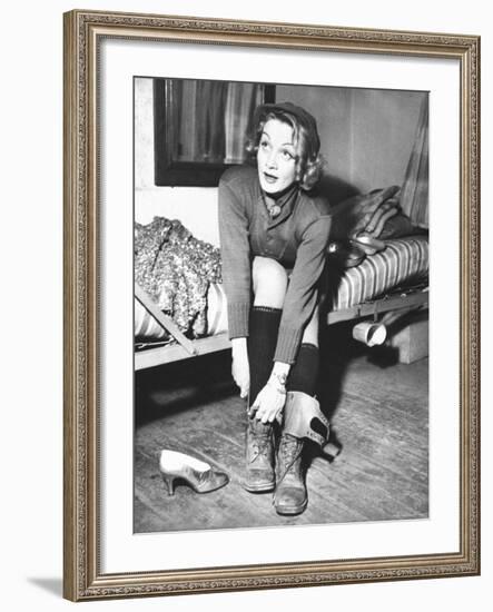 Marlene Dietrich, Preparing to Perform Onstage During USO Show for US Army-George Silk-Framed Premium Photographic Print