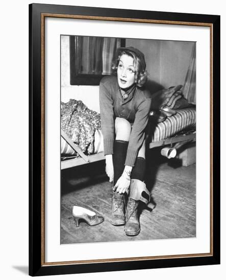 Marlene Dietrich, Preparing to Perform Onstage During USO Show for US Army-George Silk-Framed Premium Photographic Print