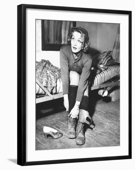 Marlene Dietrich, Preparing to Perform Onstage During USO Show for US Army-George Silk-Framed Premium Photographic Print