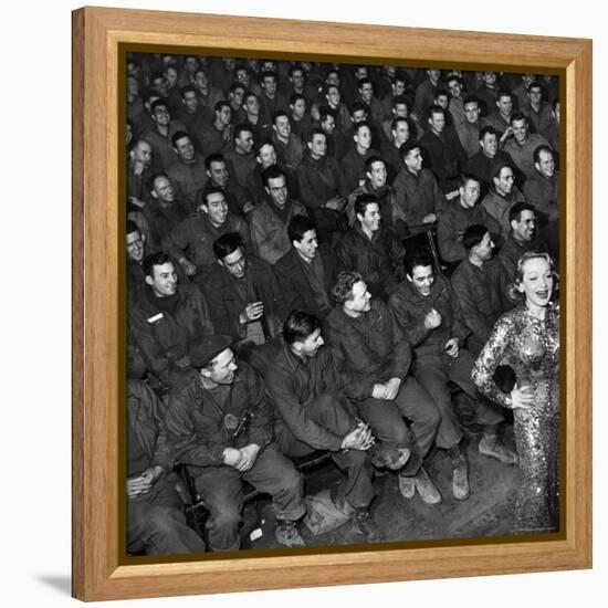 Marlene Dietrich with Back Turned on Audience of Servicemen during Her Mental Telepathy Act-George Silk-Framed Premier Image Canvas