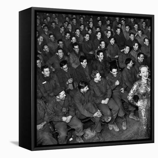 Marlene Dietrich with Back Turned on Audience of Servicemen during Her Mental Telepathy Act-George Silk-Framed Premier Image Canvas