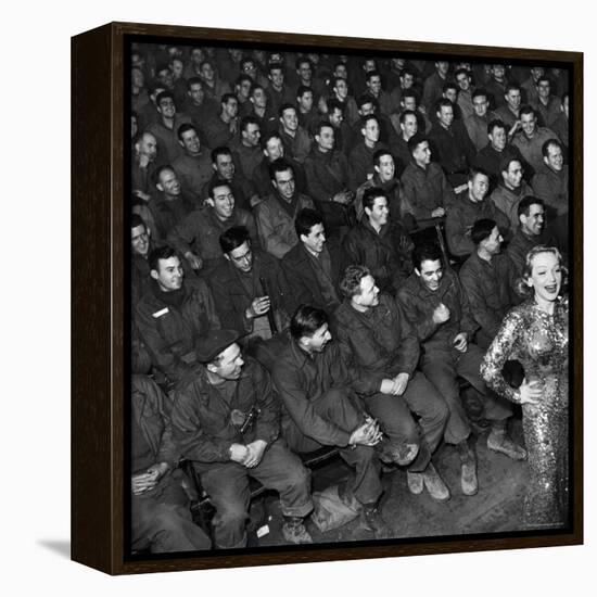 Marlene Dietrich with Back Turned on Audience of Servicemen during Her Mental Telepathy Act-George Silk-Framed Premier Image Canvas