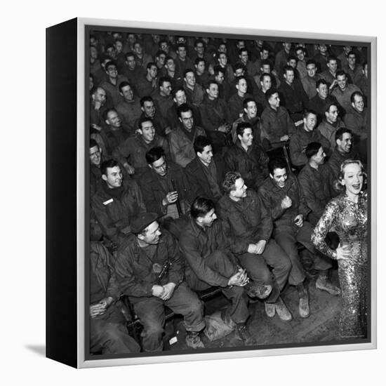 Marlene Dietrich with Back Turned on Audience of Servicemen during Her Mental Telepathy Act-George Silk-Framed Premier Image Canvas