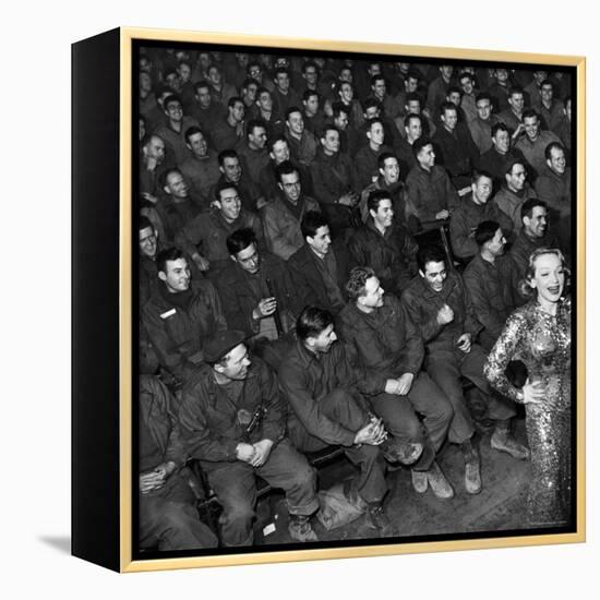 Marlene Dietrich with Back Turned on Audience of Servicemen during Her Mental Telepathy Act-George Silk-Framed Premier Image Canvas