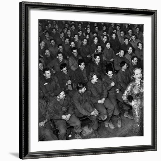 Marlene Dietrich with Back Turned on Audience of Servicemen during Her Mental Telepathy Act-George Silk-Framed Premium Photographic Print