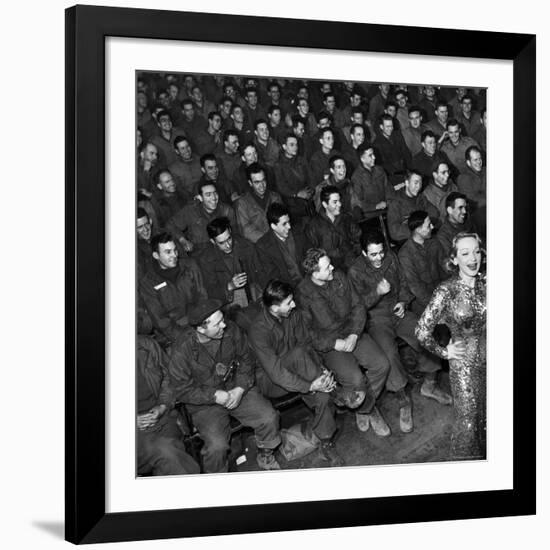 Marlene Dietrich with Back Turned on Audience of Servicemen during Her Mental Telepathy Act-George Silk-Framed Premium Photographic Print