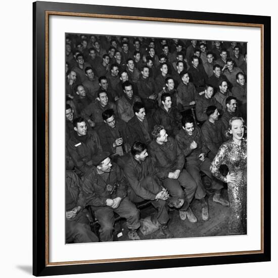 Marlene Dietrich with Back Turned on Audience of Servicemen during Her Mental Telepathy Act-George Silk-Framed Premium Photographic Print