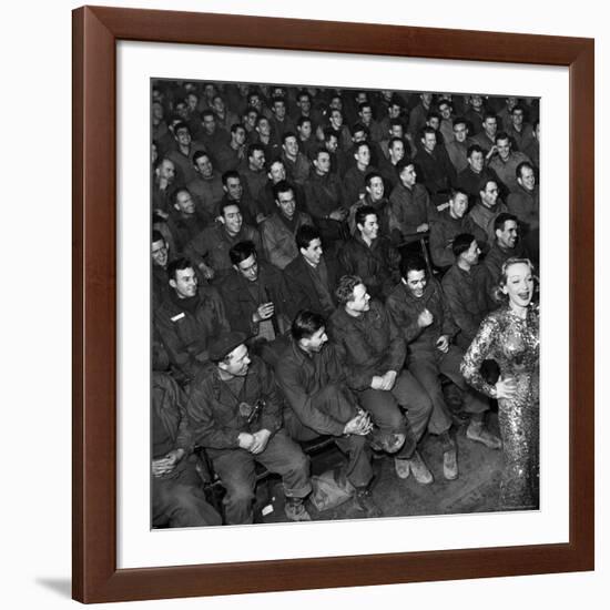 Marlene Dietrich with Back Turned on Audience of Servicemen during Her Mental Telepathy Act-George Silk-Framed Premium Photographic Print