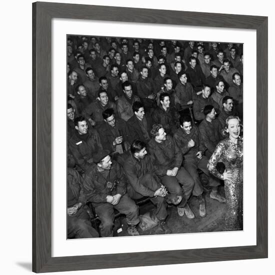 Marlene Dietrich with Back Turned on Audience of Servicemen during Her Mental Telepathy Act-George Silk-Framed Premium Photographic Print