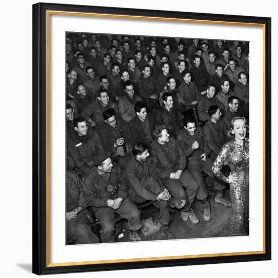 Marlene Dietrich with Back Turned on Audience of Servicemen during Her Mental Telepathy Act-George Silk-Framed Premium Photographic Print