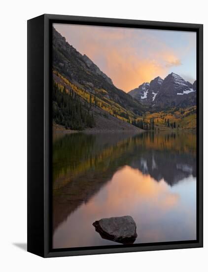 Maroon Bells with Fall Colors During a Clearing Storm in the Evening, White River National Forest-James Hager-Framed Premier Image Canvas