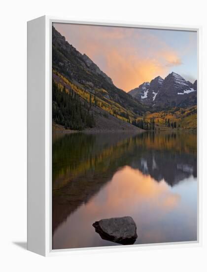 Maroon Bells with Fall Colors During a Clearing Storm in the Evening, White River National Forest-James Hager-Framed Premier Image Canvas