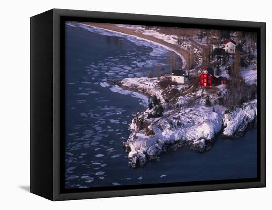 Marquette Harbor Lighthouse and Maritime Museum in winter, Marquette, Michigan, USA-null-Framed Premier Image Canvas