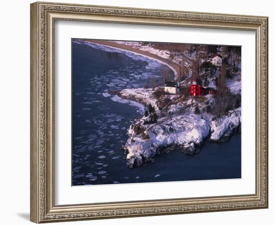 Marquette Harbor Lighthouse and Maritime Museum in winter, Marquette, Michigan, USA-null-Framed Photographic Print