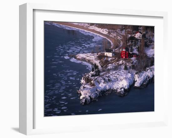 Marquette Harbor Lighthouse and Maritime Museum in winter, Marquette, Michigan, USA-null-Framed Photographic Print