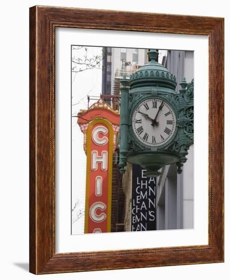 Marshall Field Building Clock and Chicago Theatre Behind, Chicago, Illinois, USA-Amanda Hall-Framed Photographic Print