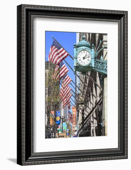 Marshall Field Building Clock, State Street, Chicago, Illinois, United States of America-Amanda Hall-Framed Photographic Print