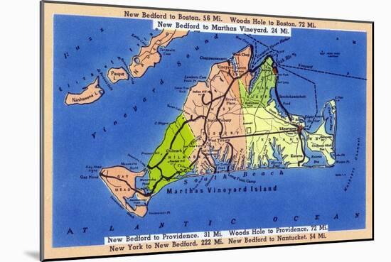 Martha's Vineyard Island, Massachusetts - Detailed Map of the Island-Lantern Press-Mounted Art Print