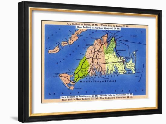 Martha's Vineyard Island, Massachusetts - Detailed Map of the Island-Lantern Press-Framed Art Print