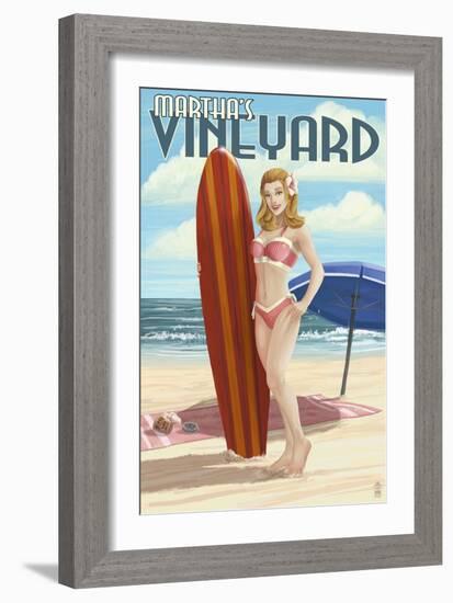 Martha's Vineyard, Massachusetts - Pinup Girl Surfer-Lantern Press-Framed Art Print