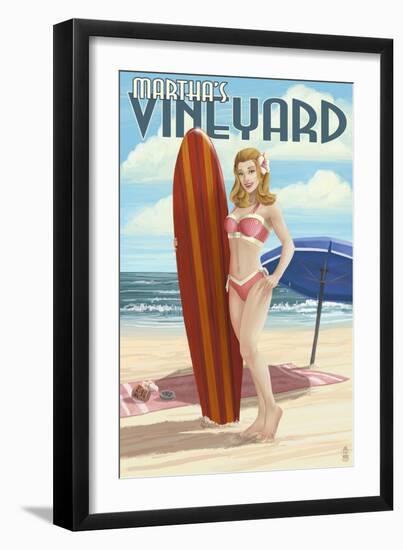 Martha's Vineyard, Massachusetts - Pinup Girl Surfer-Lantern Press-Framed Art Print