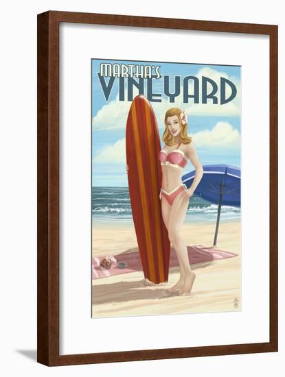 Martha's Vineyard, Massachusetts - Pinup Girl Surfer-Lantern Press-Framed Art Print