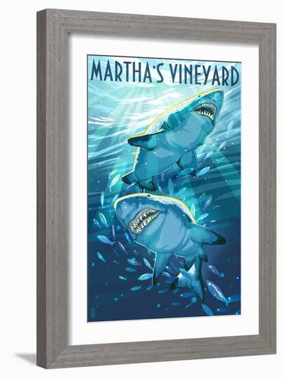 Martha's Vineyard - Stylized Tiger Sharks-Lantern Press-Framed Art Print