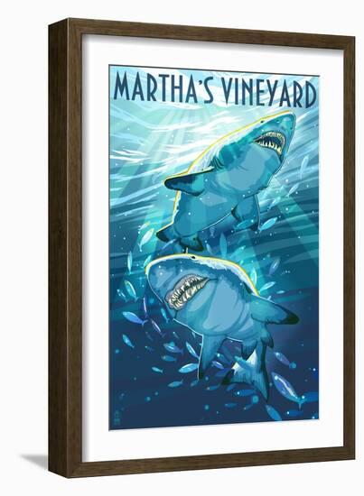 Martha's Vineyard - Stylized Tiger Sharks-Lantern Press-Framed Art Print