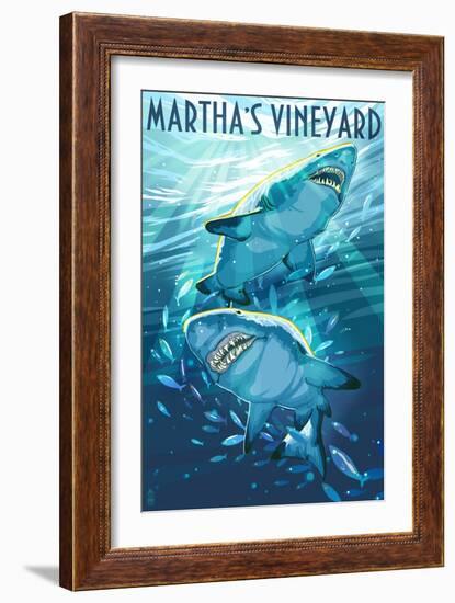 Martha's Vineyard - Stylized Tiger Sharks-Lantern Press-Framed Art Print