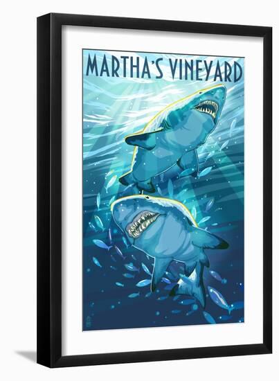 Martha's Vineyard - Stylized Tiger Sharks-Lantern Press-Framed Art Print