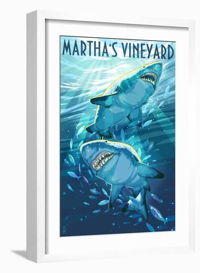 Martha's Vineyard - Stylized Tiger Sharks-Lantern Press-Framed Art Print