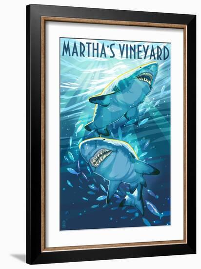 Martha's Vineyard - Stylized Tiger Sharks-Lantern Press-Framed Premium Giclee Print
