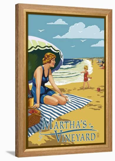 Martha's Vineyard - Woman on Beach-Lantern Press-Framed Stretched Canvas