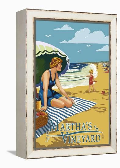 Martha's Vineyard - Woman on Beach-Lantern Press-Framed Stretched Canvas