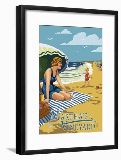 Martha's Vineyard - Woman on Beach-Lantern Press-Framed Art Print